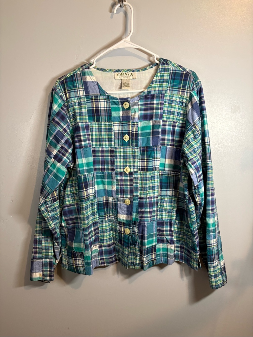 Orvis Women's Plaid Button-Up Shacket Teal Navy Patchwork Blouse Cotton Fall Med